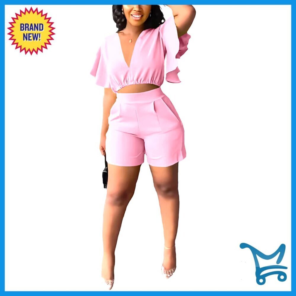 Summer 2 Piece Set Crop Top Butterfly Sleeve Shorts Sexy Beach Vacation Outfit